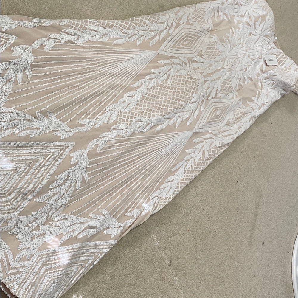 Elegant Beige and White sequined Embroidered Dress - Picture 3 of 7